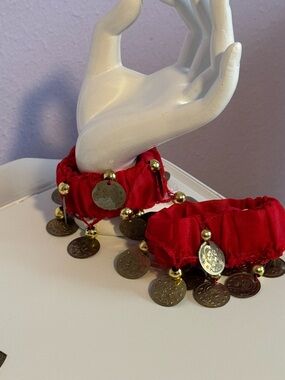 Red Belly Dance Wrist Bracelet Set with gold coins